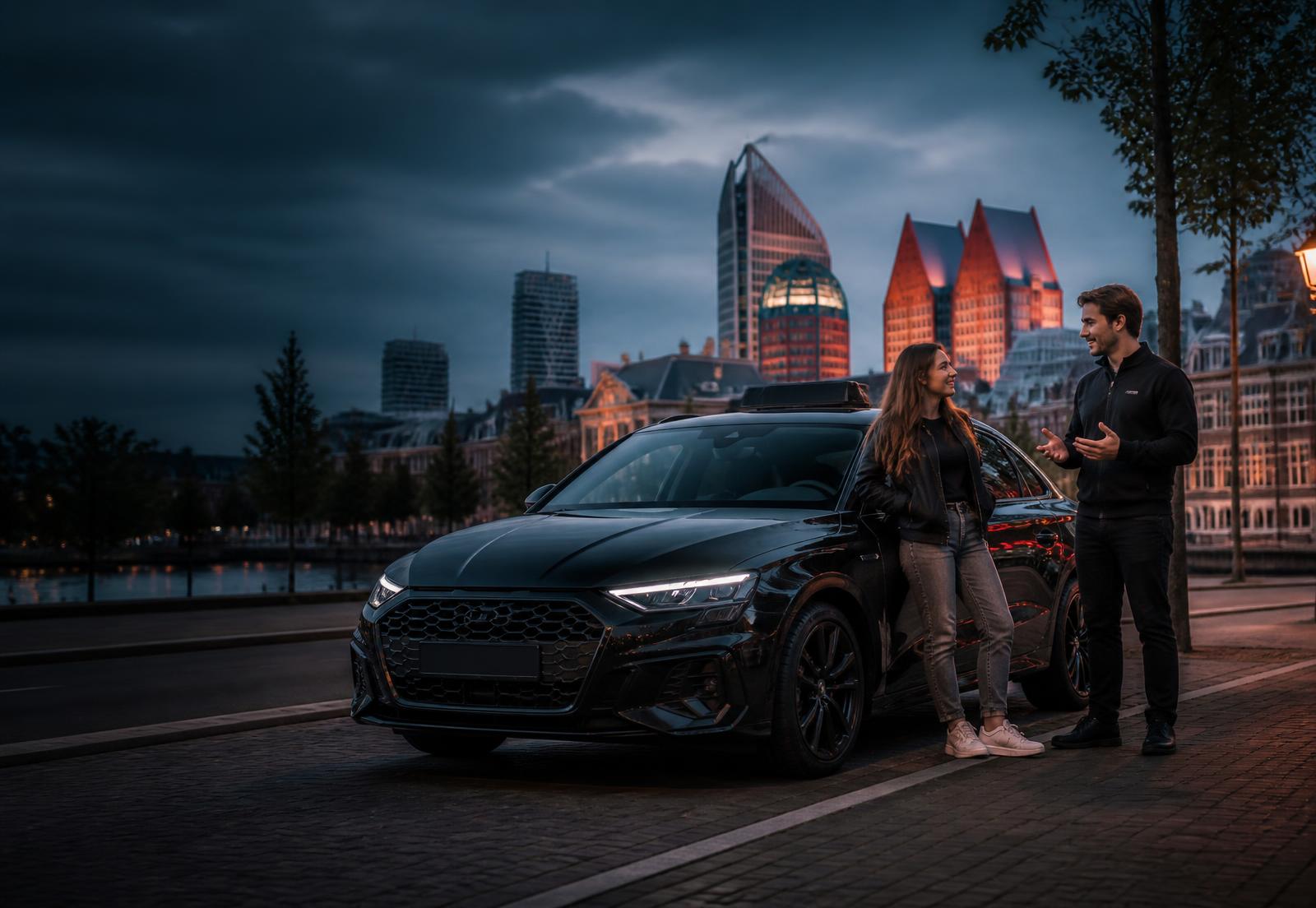 Leerling en rijinstructeur bij een moderne lesauto in Den Haag